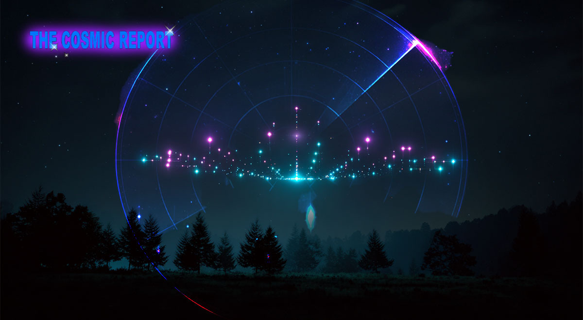 A blue and magenta radar capturing a UFO in the night sky.