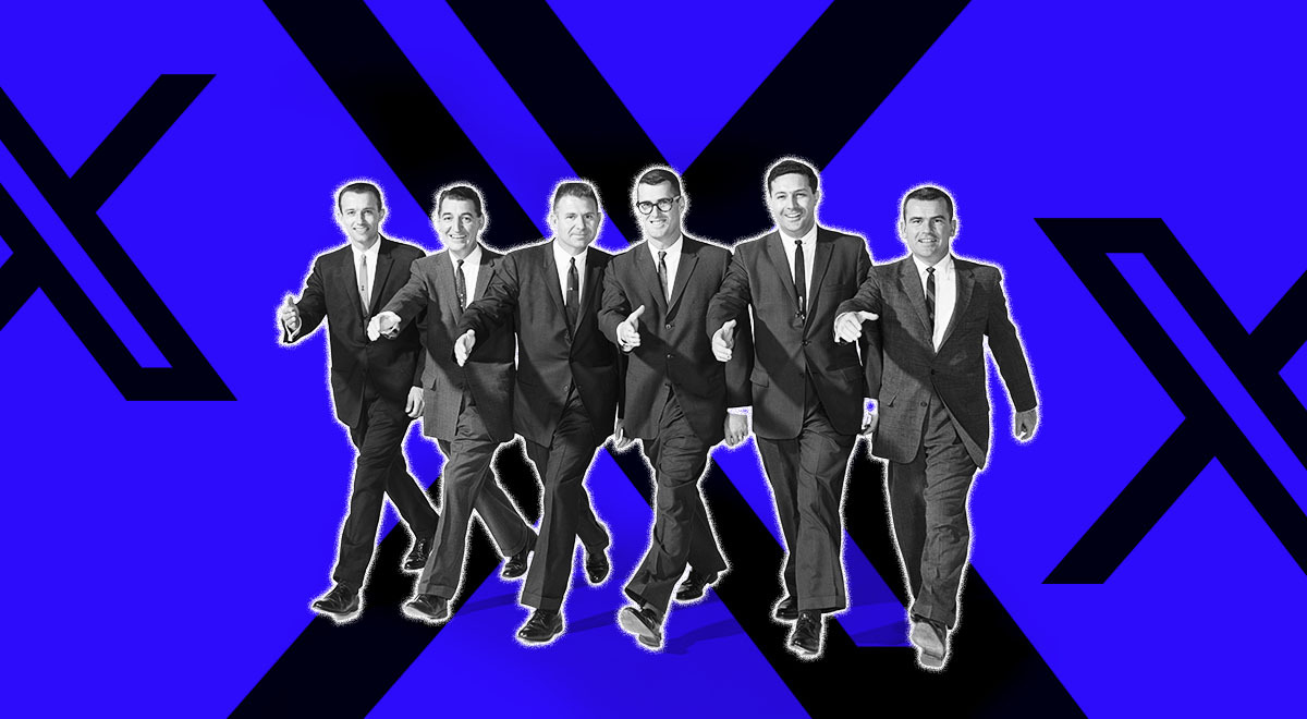 A group of men in suits and X logos on the background