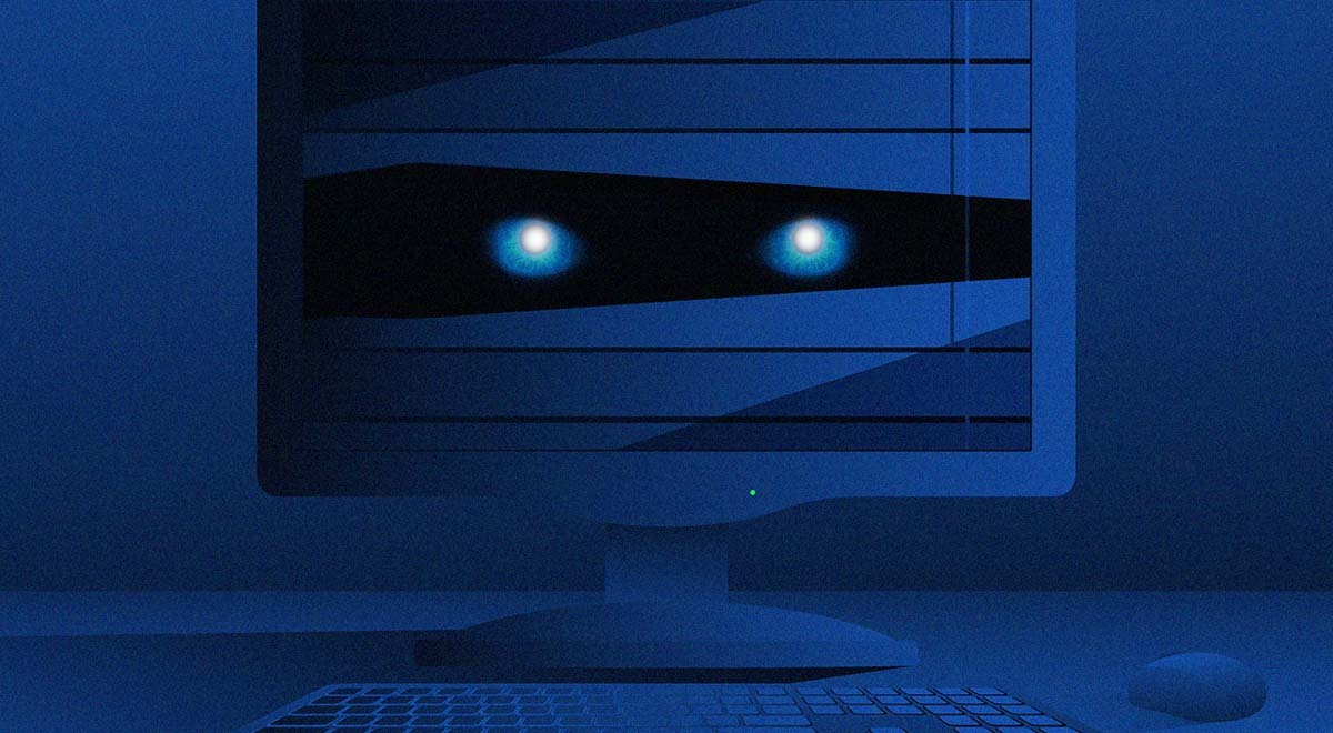 Eyes on the computer screen closely watching the user, concept of surveillance