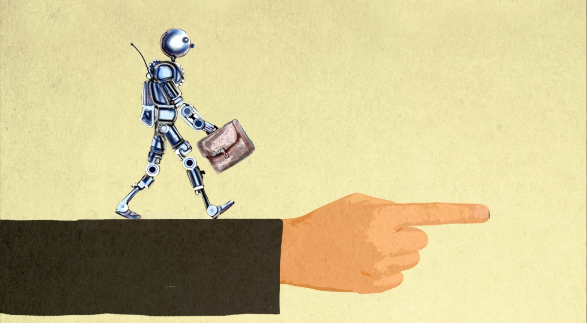 right arm, black sleeve, finger pointing right, tin robot on arm sleeve, carries suitcase