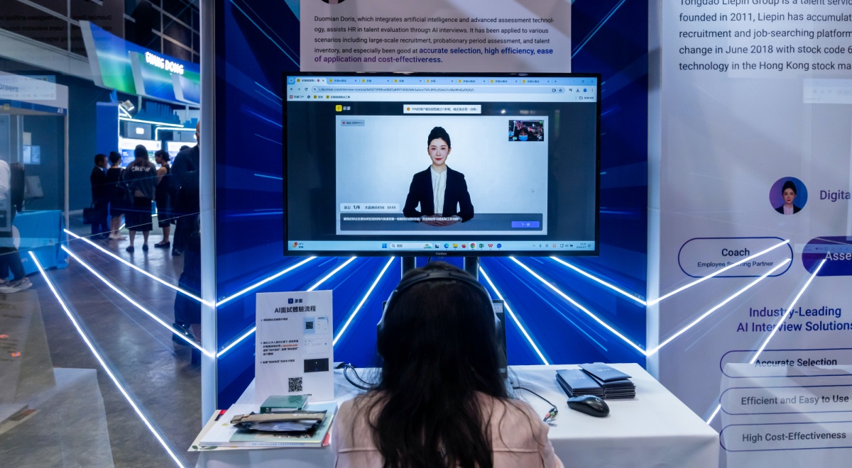 woman, black hair, screen, talks to AI asian assistant in suit. baby blue lasers, well lit room