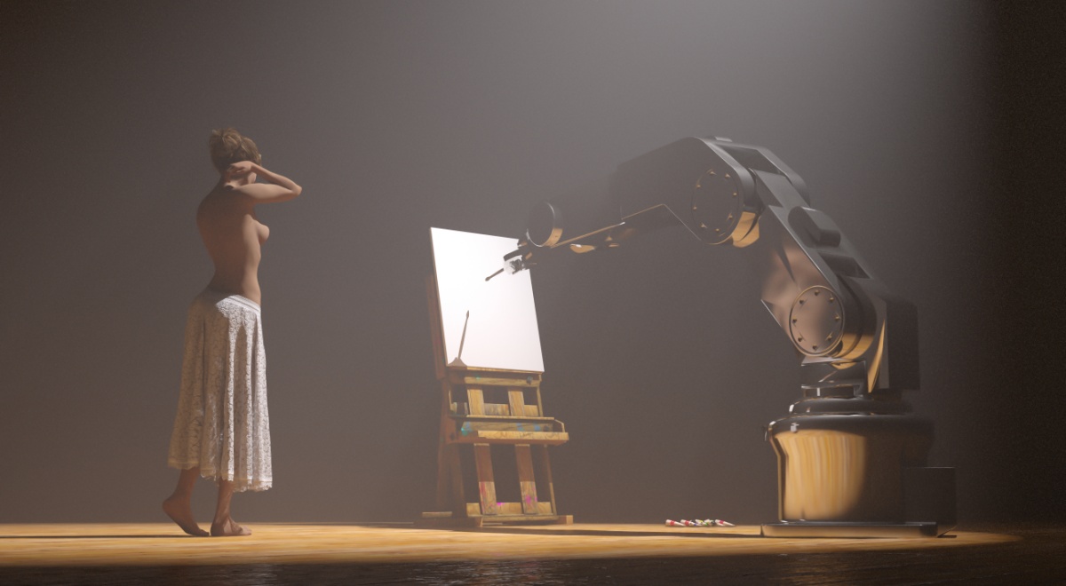 woman in white green skirt, topless, hands behind head, robot hand paints her on white canvas