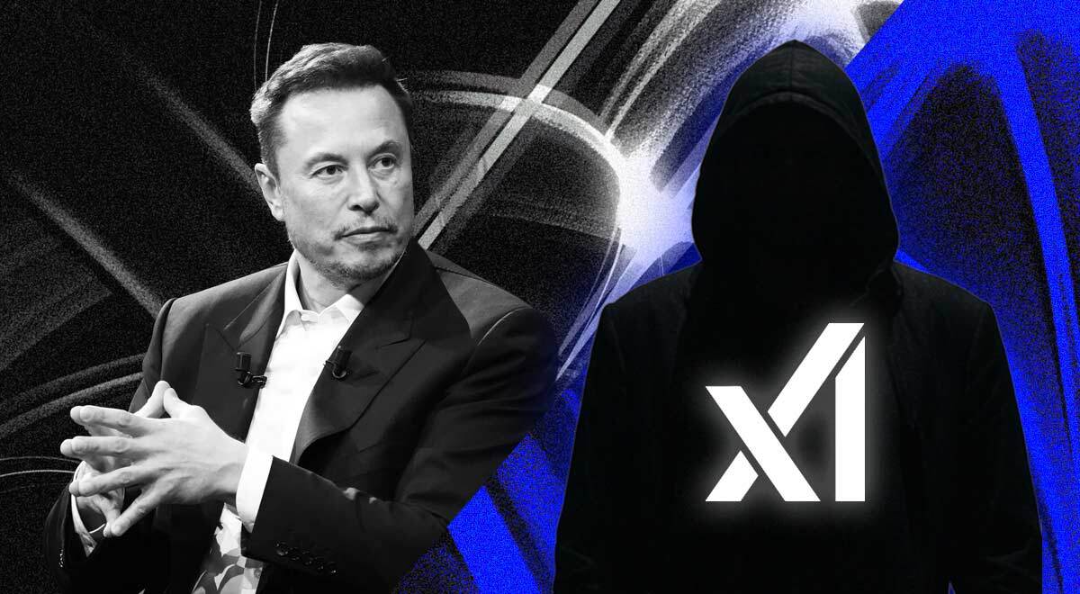 Elon Musk and shadowy person with xAI logo