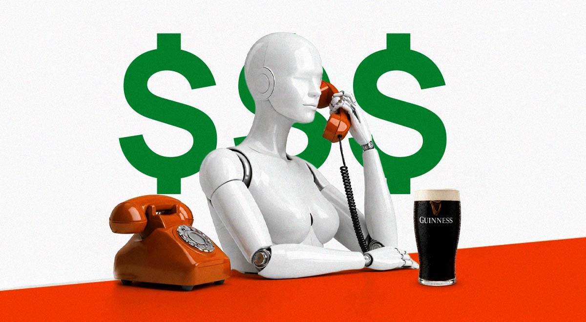 A robot is making a phone call, a Guinness pint next to it