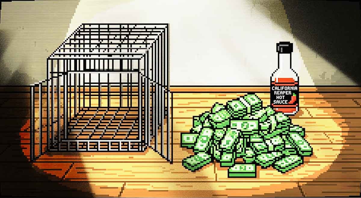An empty dog cage, a bottle of hot sauce, and stacks of money.