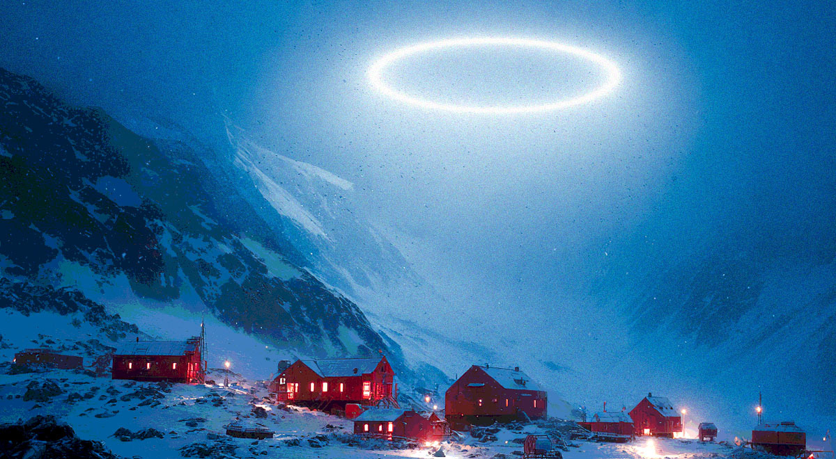 Antarctic research base with UFO esque light above it.