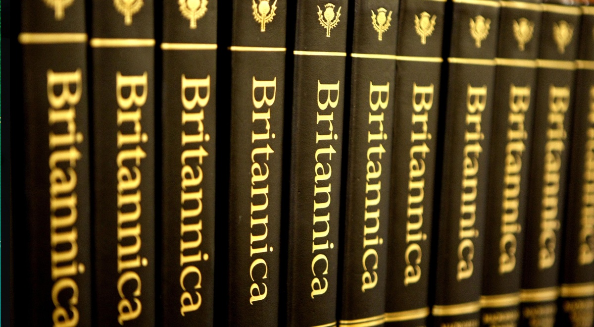 britannica ecyclopedia dark brownbooks, golden, yellow letters, on shelve