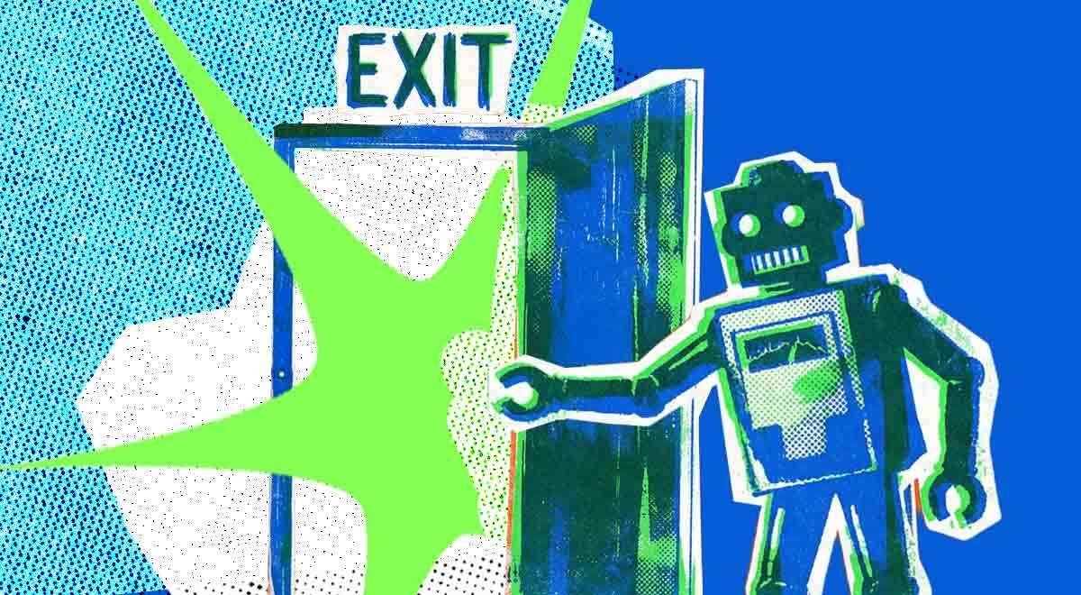 old school robot opens doors, green exit sign, green star, blue background