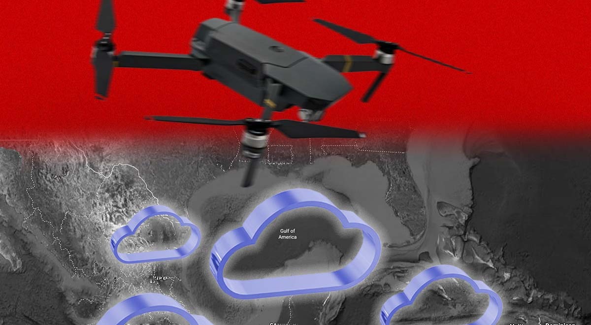 A drone bomber with clouds and a map of the gulf coast.