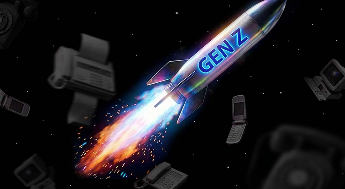 A vibrant rocket labelled "gen-Z" alongside dated devices.