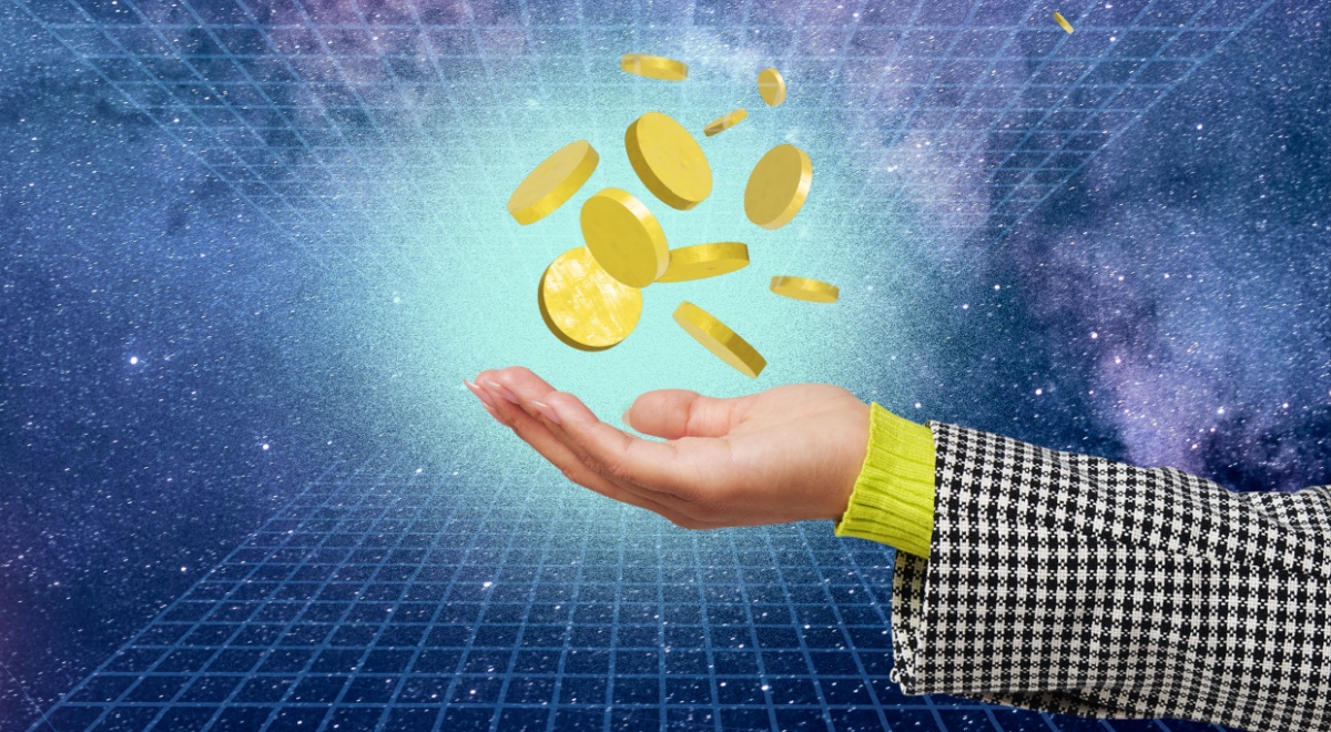 gold coins in blue space, purple cloud, white right hand, plaid jacket sleeve, yellow sleeve