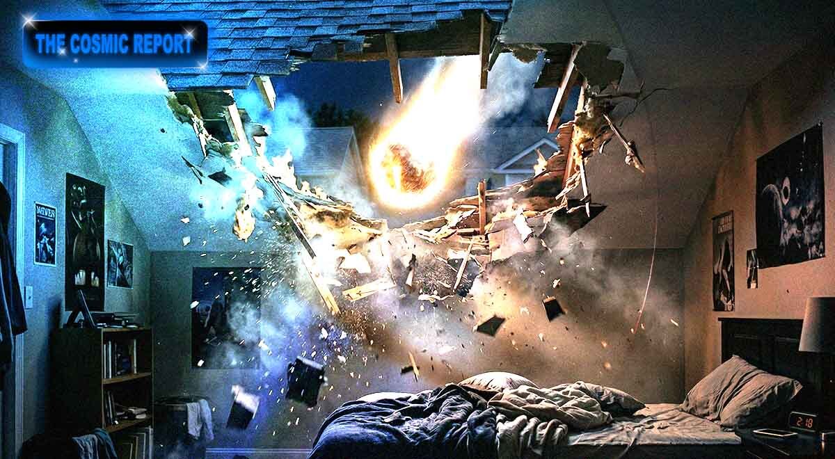 A meteorite smashing through a suburban roof.