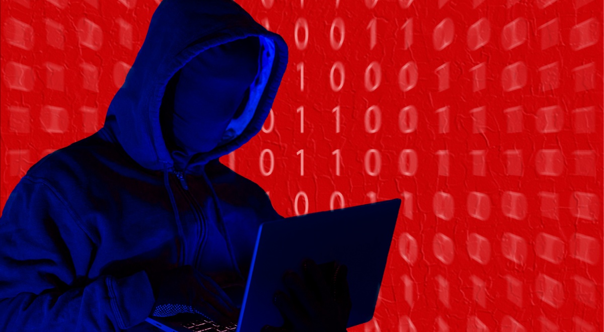 man in hoodie, black and blue colors, dark laptop, red binary code backround, orange numbers