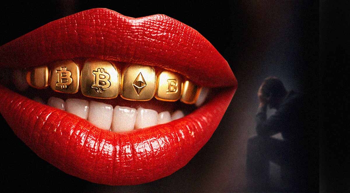red lips, golden upper teeth with crypto currency, poor man in black background.