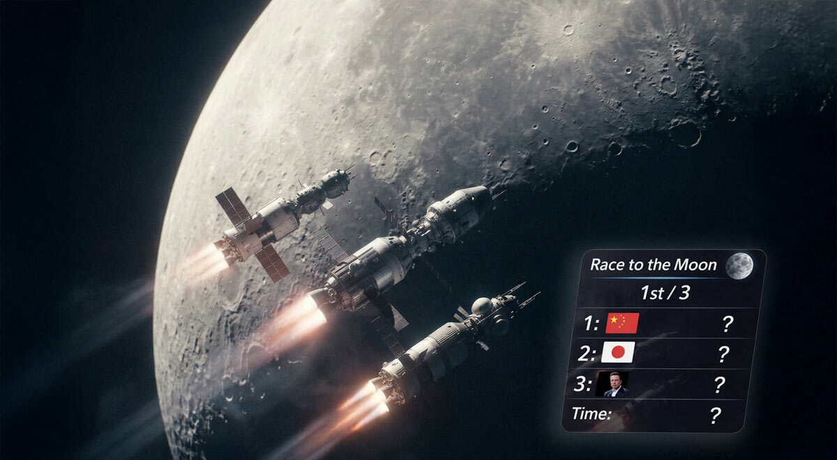 Grey moon, three rockets racing, flags of US, China and Japan