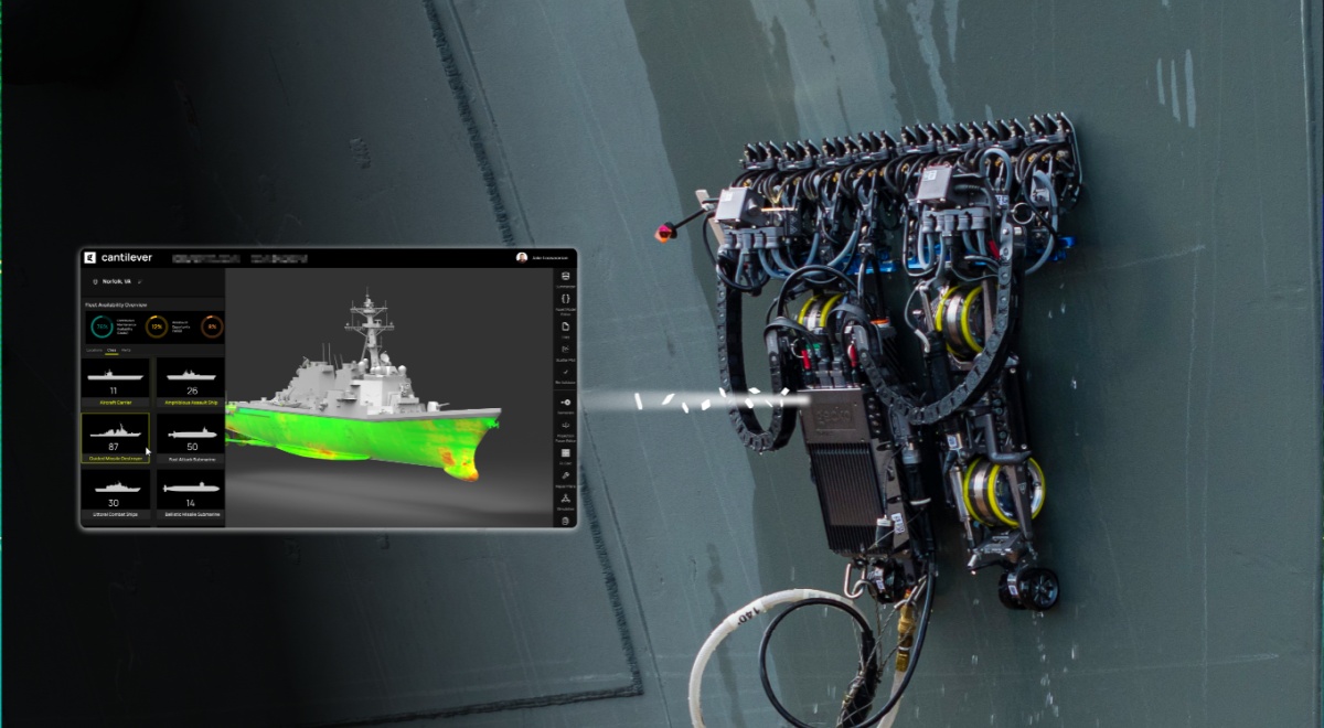 ship wall climbing robot,  black wires, thermo picture of navy ship on left