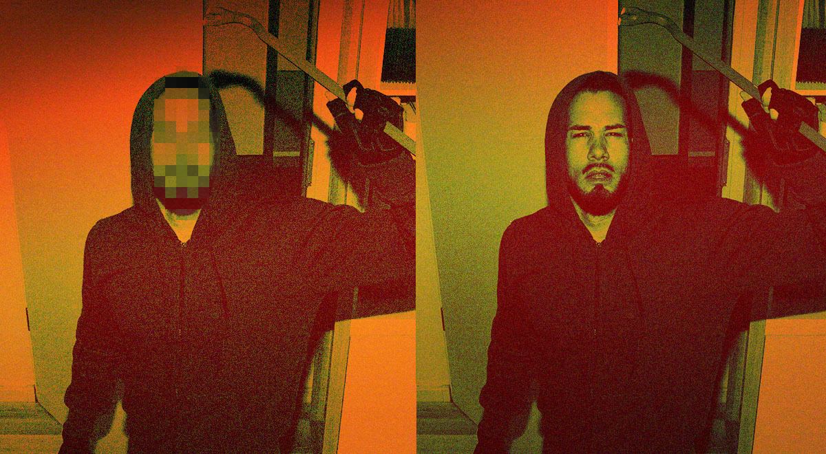 A man in a hoodie with his face blurred on the left, and with his face visible on the right