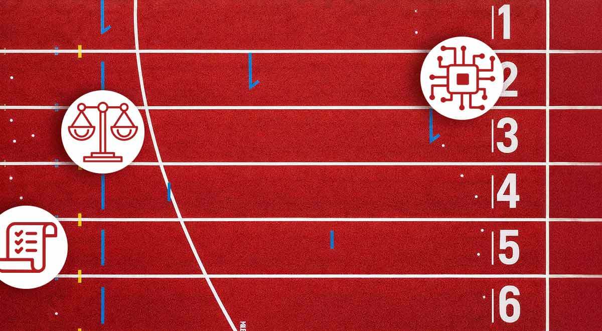 6 lane light brown stadium running track with icons representing governments, AI and legislation