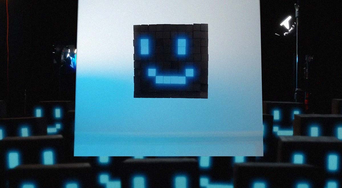 A face made from blue tetri-like blocks that looks like on a computer screen