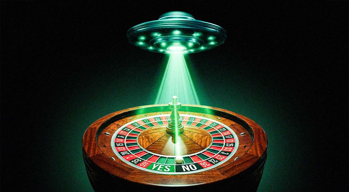 A UFO flying above a roulette wheel.