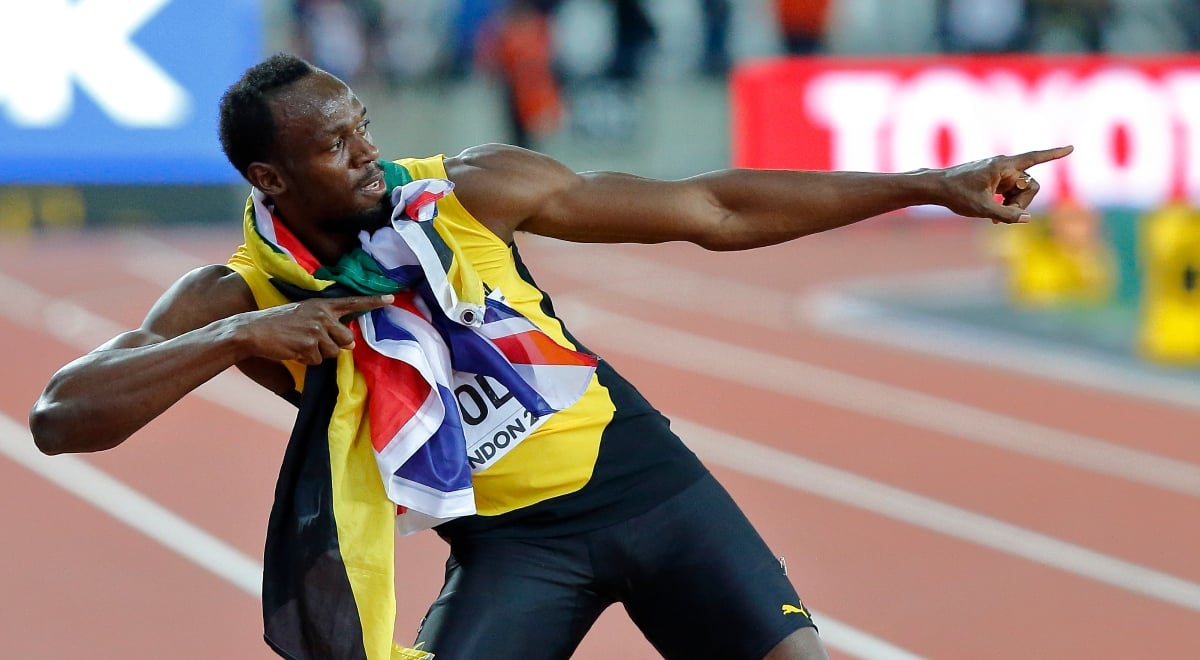 Jamaican sprinter Usain Bolt doing his signature move