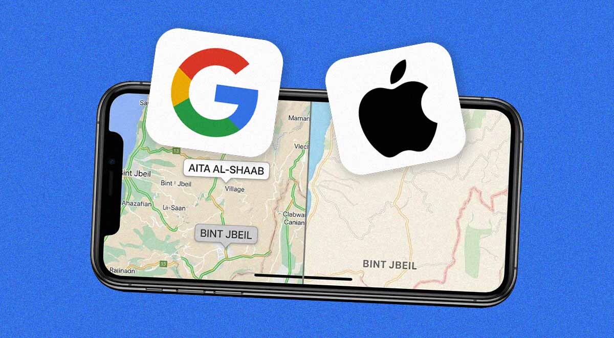 A split-screen of Google and Apple maps in mapping southern Lebanon.