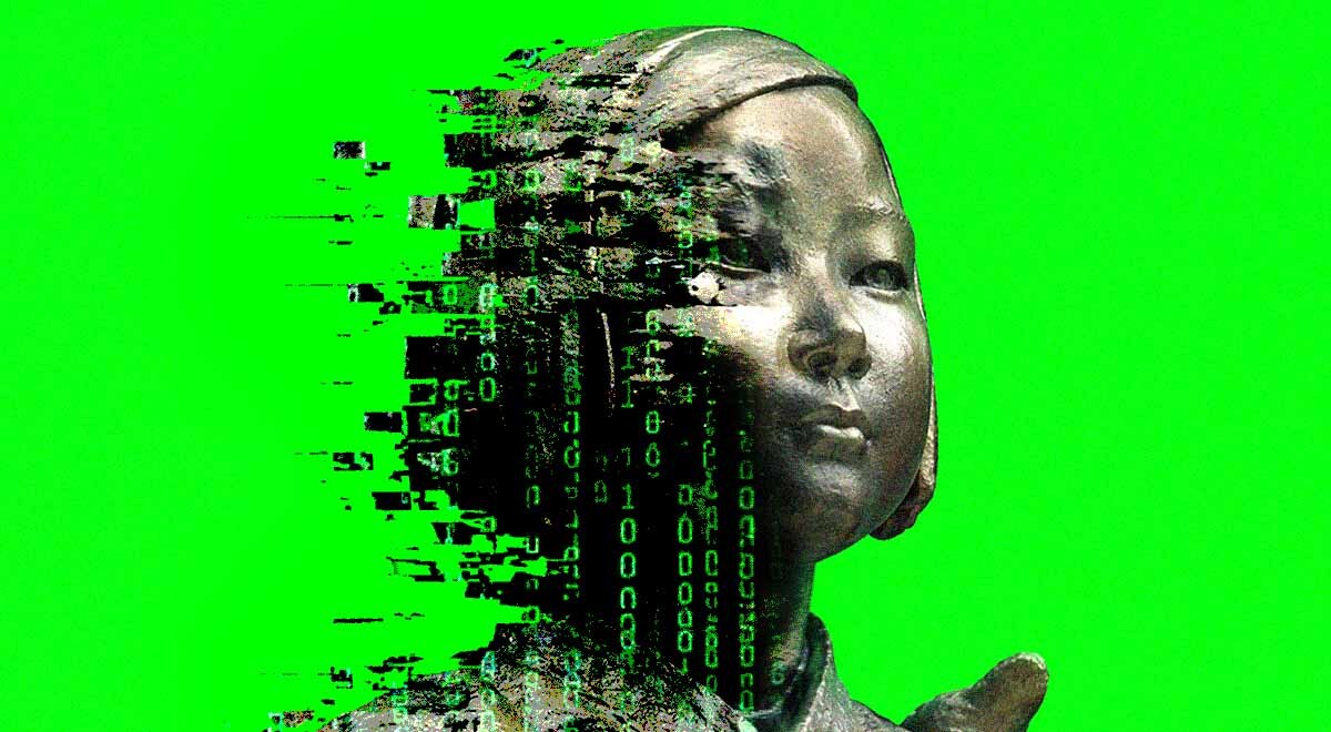 A glitched version of the South Korean peace statue.