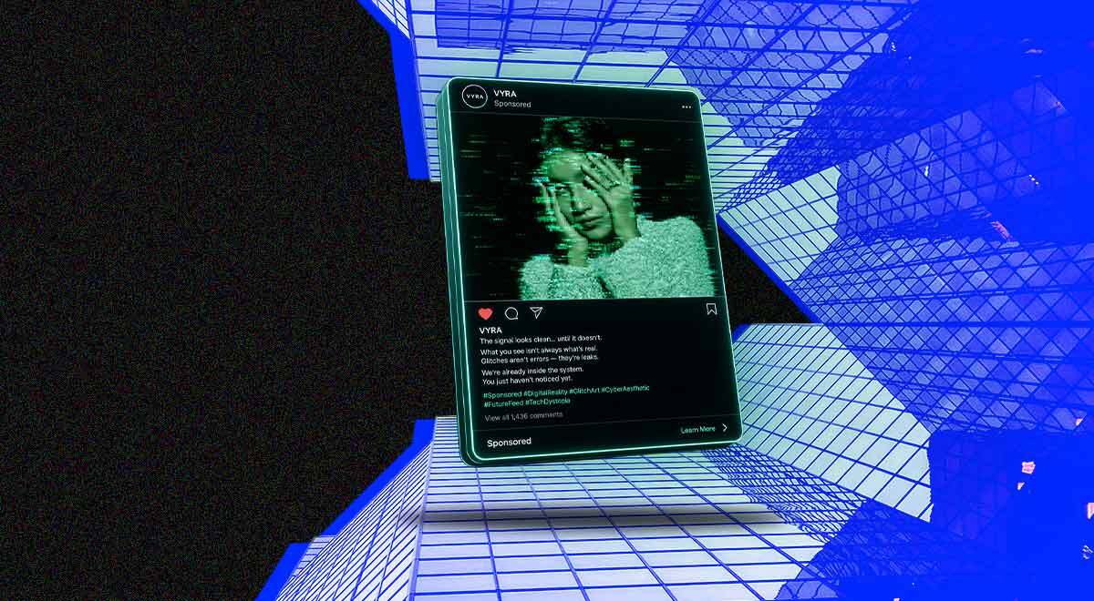 Smartphone social feed with  ad overlays, skyscrapers, turning into glitching deepfake faces