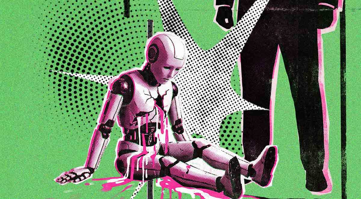 white ai bot sit on floor next to man's black suit pants, green background, textured star, green