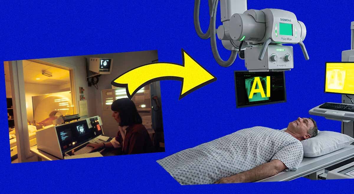 Patient undergoing a scan, radiologist analyzing it, letters "AI" in the middle