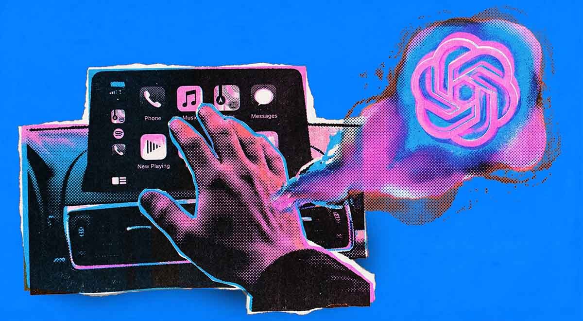 Hands on the phone screen and ChatGPT speech bubbles emerging while driving.