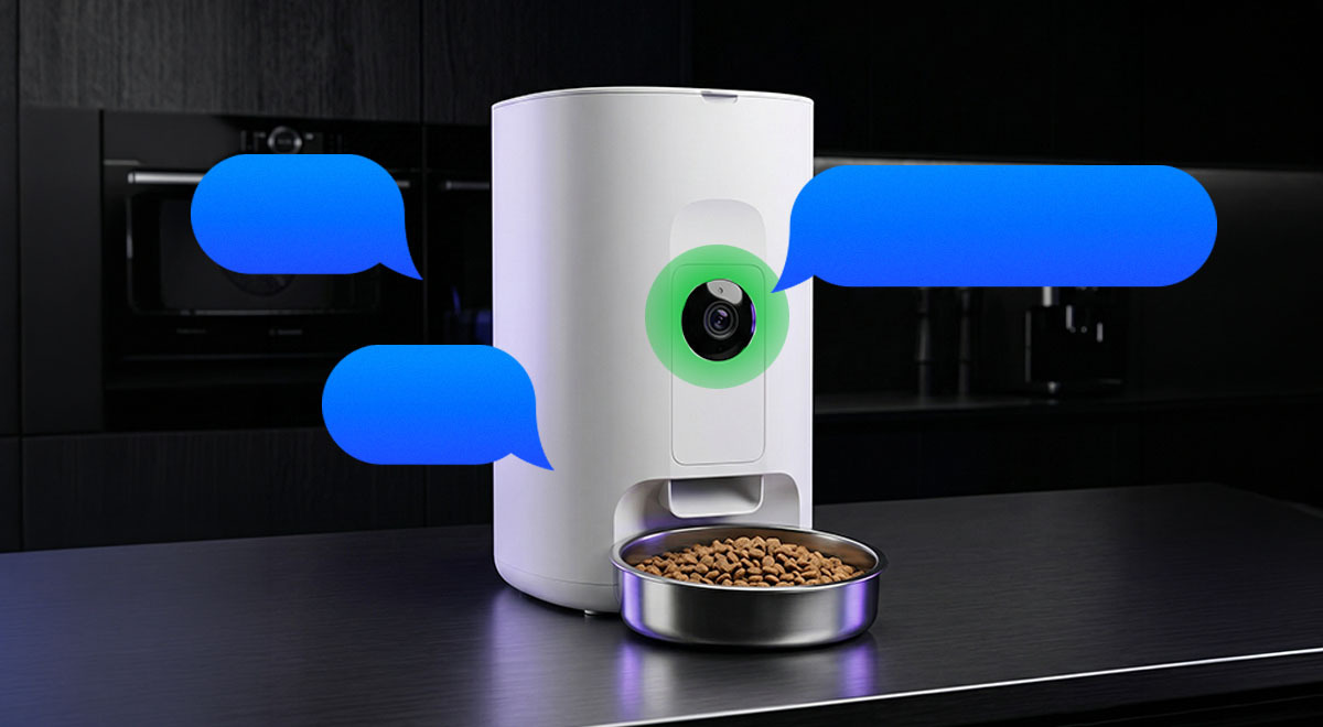 A smart cat feeder with a camera and blue speech bubbles
