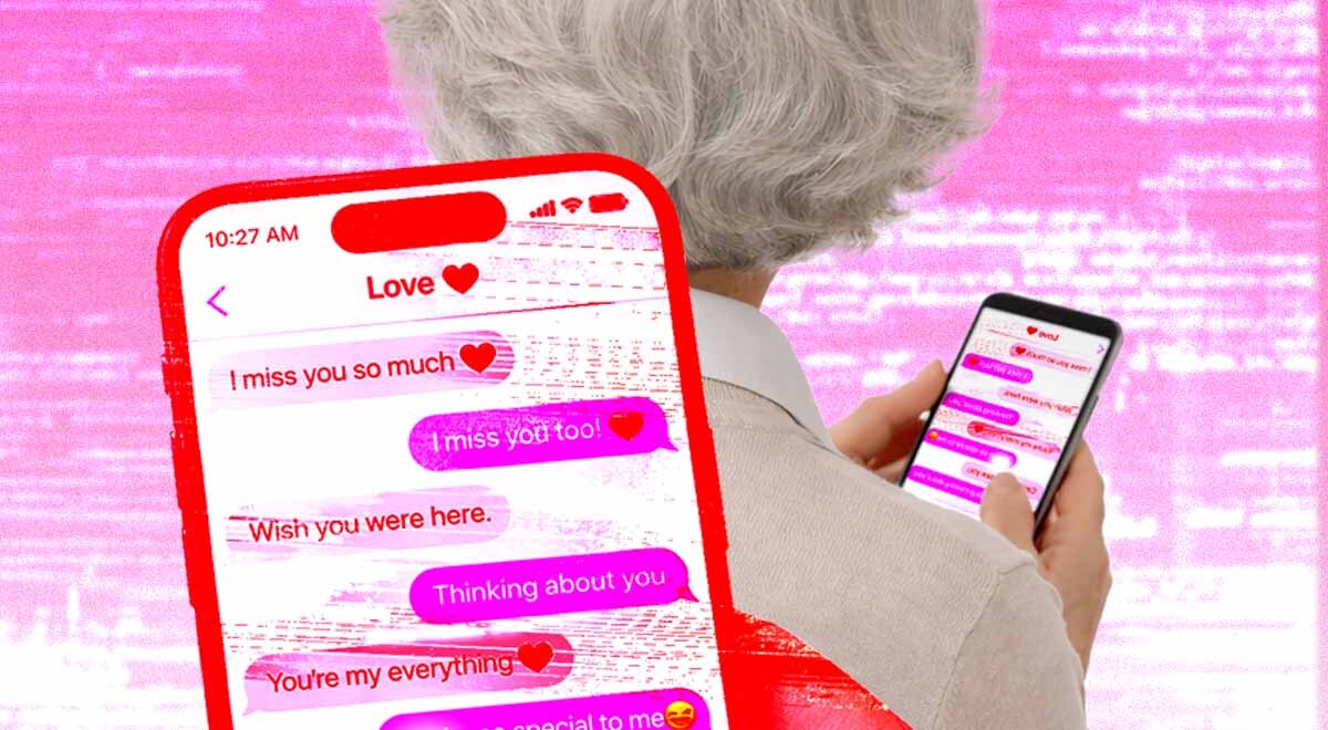 An elderly lady stuck on a romantic scam chat on her cell phone.