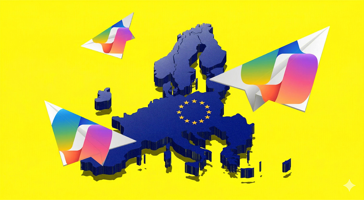 The map of European Union, paper planes with Microsoft logo flying out of it