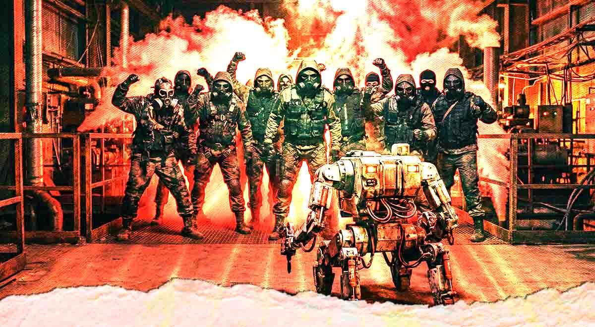 deradicalization chatbot facing a green angry mod in flames, orange color dominate