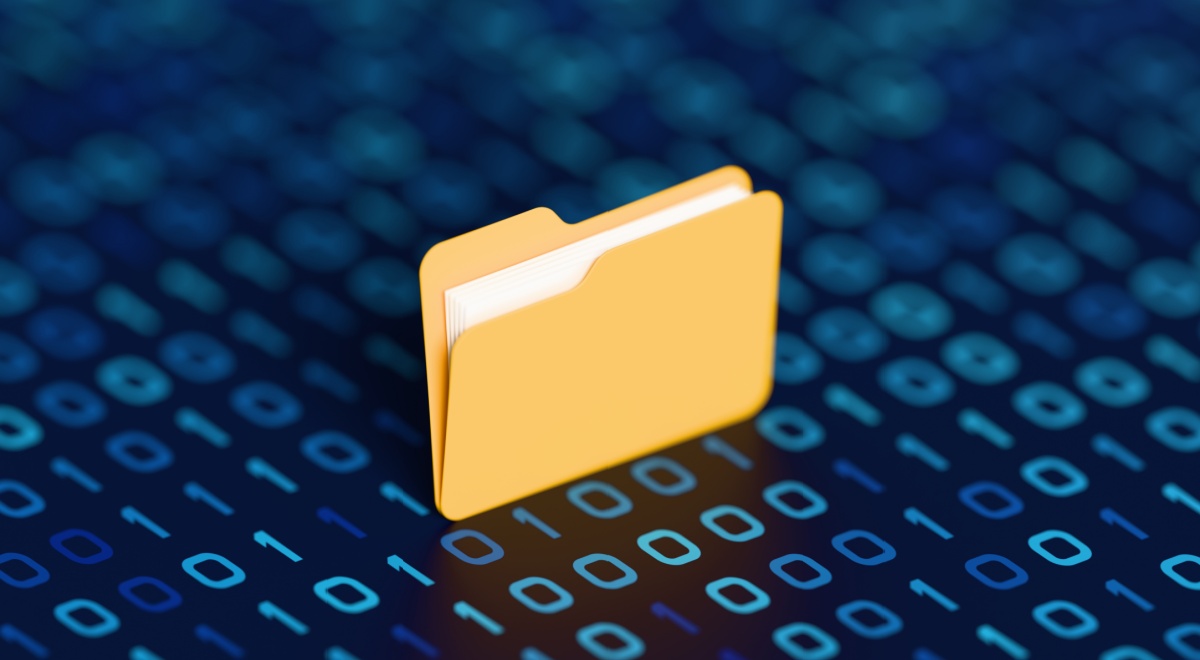 yellow folder, white paper inside, icon, digital numbers, binary code, light blue numbers,