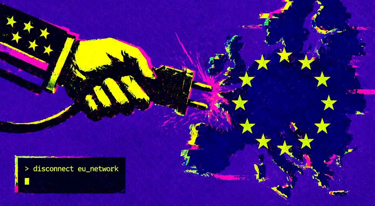 An arm with US flag on its sleeve pulling the pull from European map with the EU flag