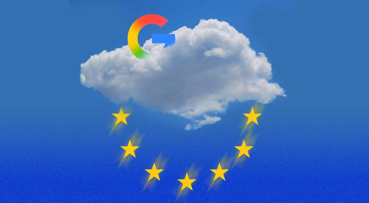 A cloud in a blue sky, fragments of the EU flag under it, and a Google logo behind it