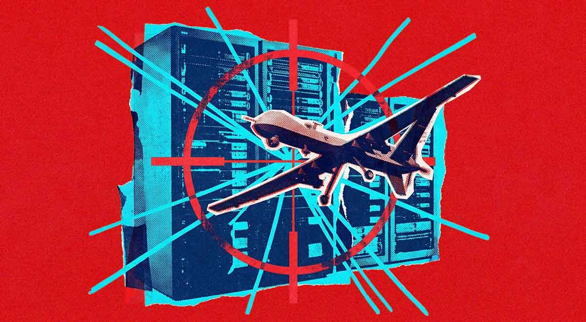 An Iranian drone-bomber flying near a big US big tech corporate building.