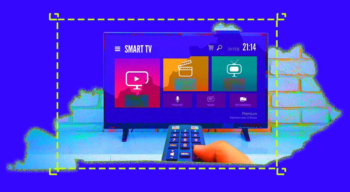 A hand holding a remote control directed to a smart TV, map of Kentucky behind it