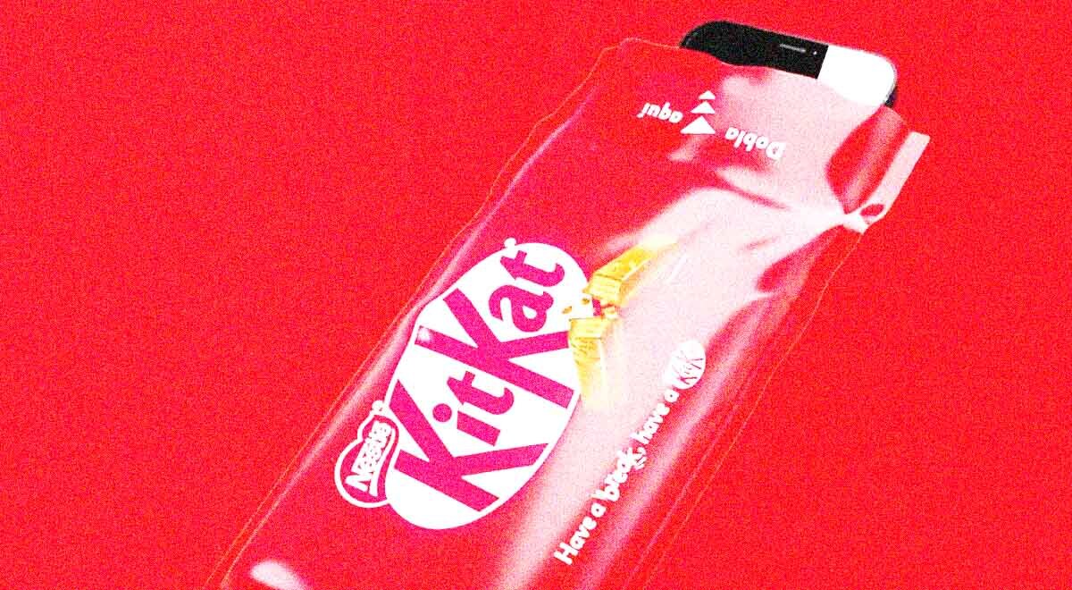 A KitKat wrapper with a smartphone inside it