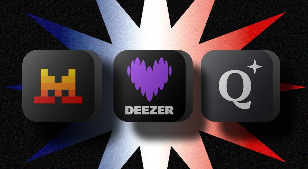 The logos of French digital platforms Le Chat, Deezer, and Qwant