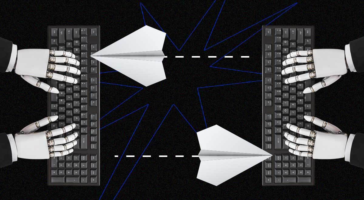 human hands on two keyboards sending paper planes to each other, black and white.