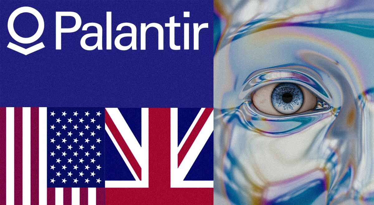 Palantir logo, US and UK flags, artificial intelligence (AI)