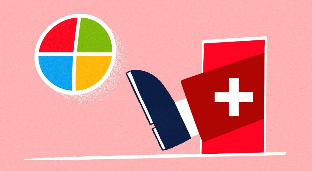 A leg with Swiss flag motives is kicking a ball with Microsoft logo on it