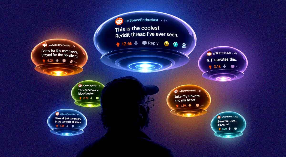 The silhouette of Spielberg and UFO Reddit speech bubbles.