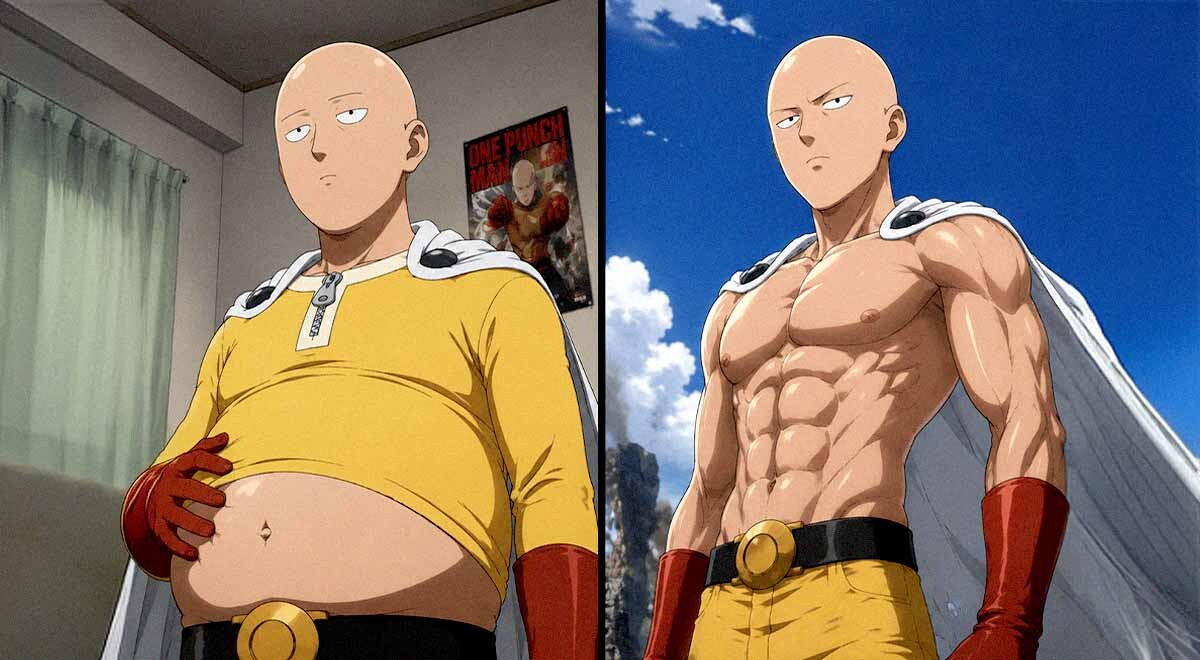 A split-screen of Saitama from One Punch man with a belly, and the other more muscular.