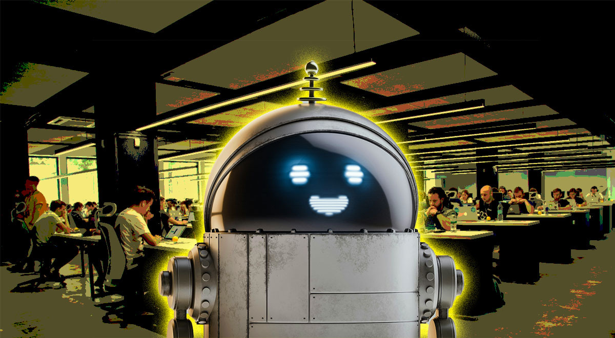 grey chatbot, round black head, office workers