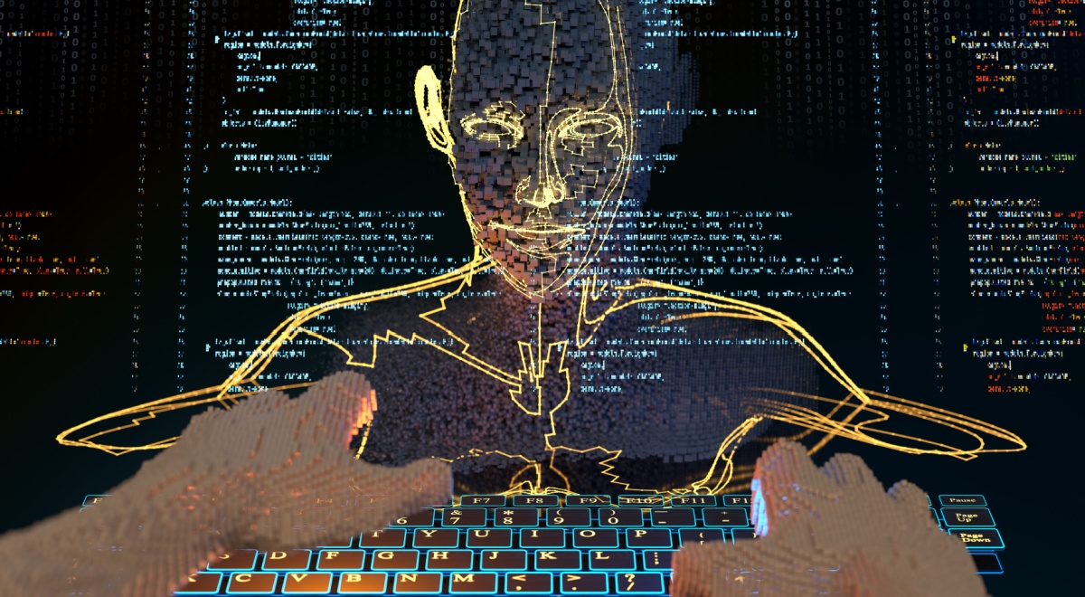 animated white human hands on digital keyboard, human head made of numbers, lines of code