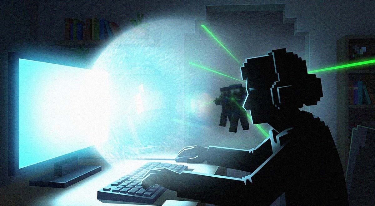 A silhouette of a grandmother with a SWAT crew coming in, Minecraft style.